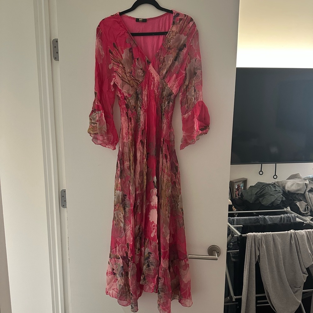 Vibrant Pink Floral Long Sleeve Dress